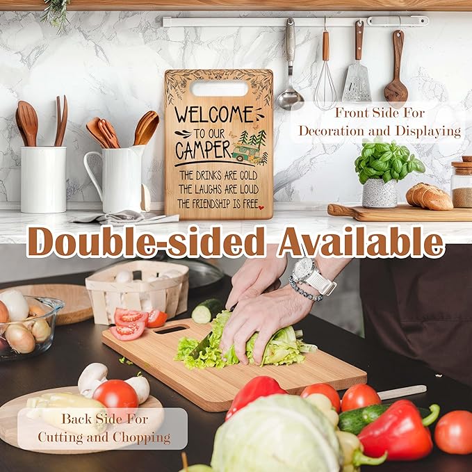 Camping Welcome Cutting Chopping Board, Gifts for Camping Lovers Campers, Welcome to Our Camper Bamboo Cutting Boards for Kitchen