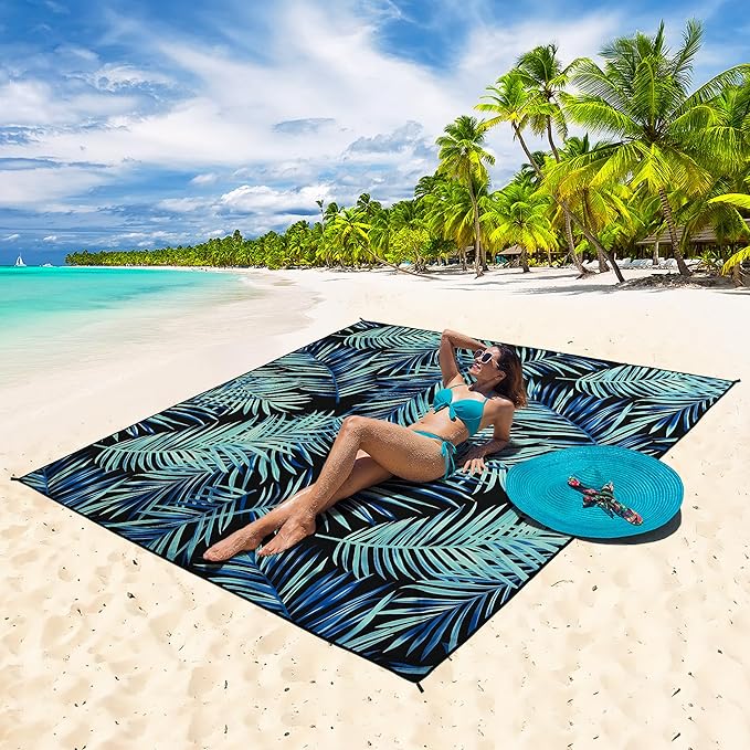 WIWIGO Beach Blanket Waterproof Sandproof Beach Mat 79" X 83"/10'x9'for 2-8 Adults Quick Drying Outdoor Picnic Mat Beach Accessories for Travel, Camping, Hiking