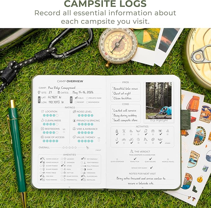 Clever Fox Camping Journal Pocket – Camping Log Book & Outdoor Adventure Journal – RV Travel Log Book – Gifts, Accessories & RV Essentials for Travel Trailers, 14 Trips, 3.7x5.7” (Cypress)