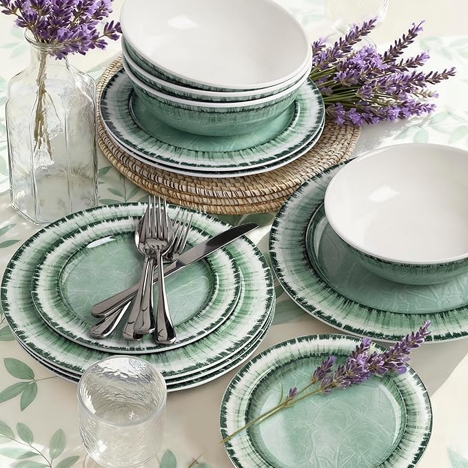 AELS Melamine Dinnerware Set of 18 Pcs Dinner Dishes Set, Lightweight Unbreakable for Indoor and Outdoor Use, BPA Free, Dishwasher Safe, Sage Green