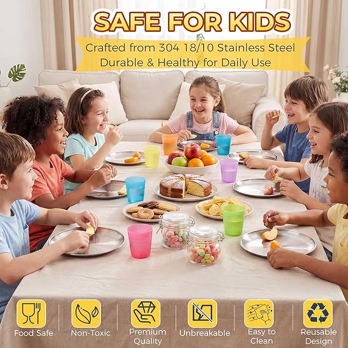 Homikit 6 Pack Stainless Steel Plates, 8 Inch Metal Kids Toddler Dinner Plate Set Non Toxic, 304 Round Camping Plates for Serving Dishes Dessert Salad, Unbreakable & Reusable, Dishwasher Safe