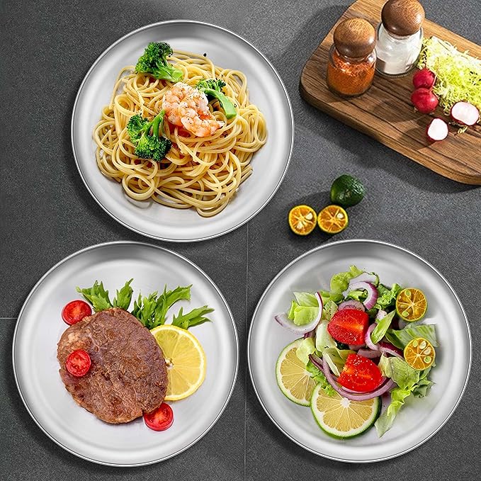 Homikit Stainless Steel Plates for Kids, 4-Piece 10.2 Inch Metal 304 Kids Toddler Plates for Children Adults, 18/8 Non Toxic Dinner Camping Dishes Set of 4, Dishwasher Safe & Reusable