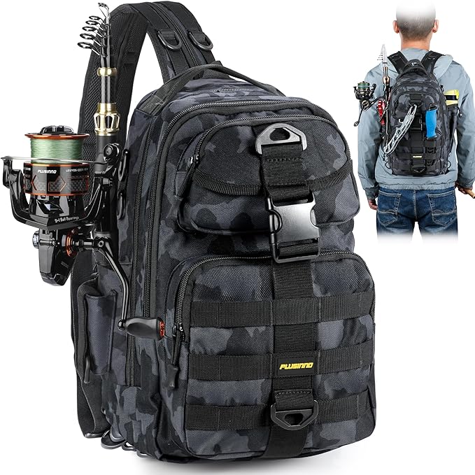PLUSINNO Fishing Backpack, Fishing Bag, Waterproof Fishing Sling Tackle Bag For Fishing Gear With Rod Holder, Fishing Gifts for Men