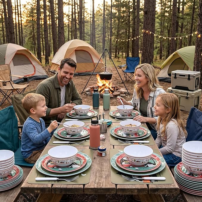 12-Piece Melamine Dinnerware Set,Unbreakable Camping Plates and Bowls Set of 4, Lightweight Outdoor Dishes with Camper Van & Tent Design for RV, Picnic, Backpacking, and Patio,Dishwasher Safe