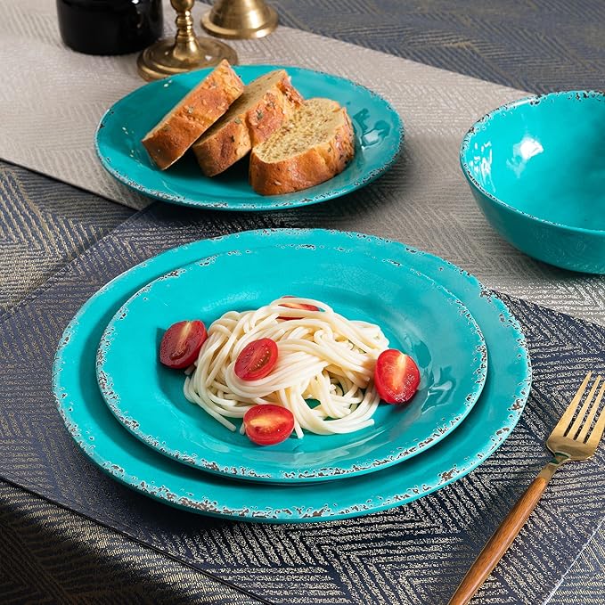 Farmhouse Melamine Plates and Bowls Set, Set of 4 BPA Free 100% Melamine 12 Piece Vintage Dishes Dinnerware Sets,Dishwasher Safe, Teal