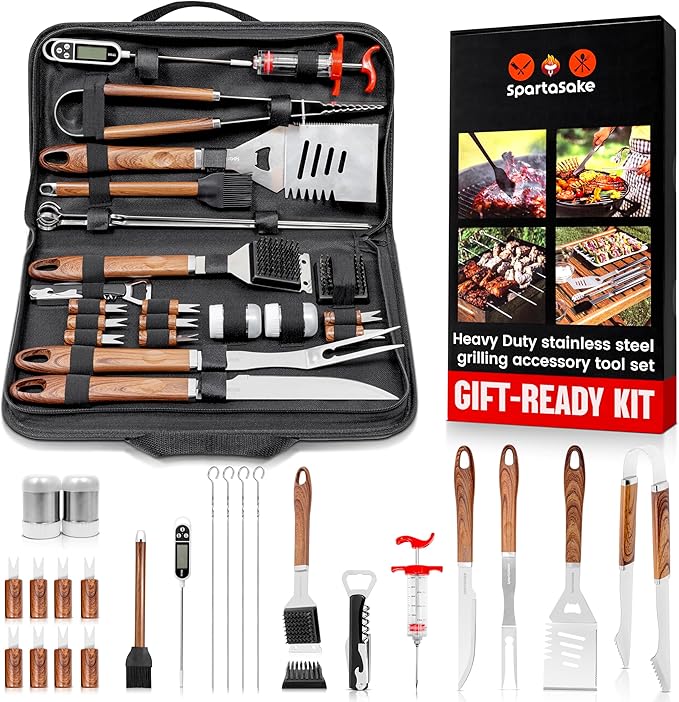 SpartaSake (24-Pack) Premium Stainless Steel BBQ Grilling Accessories with Wood Handles - Barbecue Gill Accessories Set for Blackstone Griddle - Outdoor Camping Grill Set for BBQ for Dad Men Women