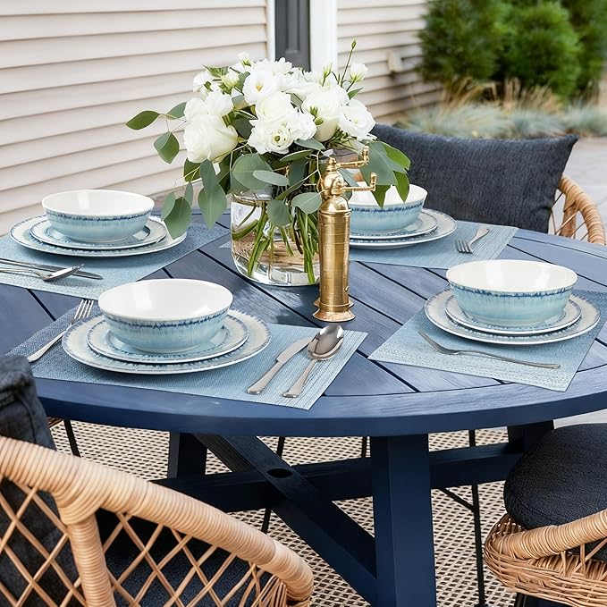 AELS Melamine Dinnerware Set of 12 Pcs Dinner Dishes Set with 4 Placemats for Indoor and Outdoor Use, Dishwasher Safe, Lightweight Unbreakable, BPA Free, Light Blue
