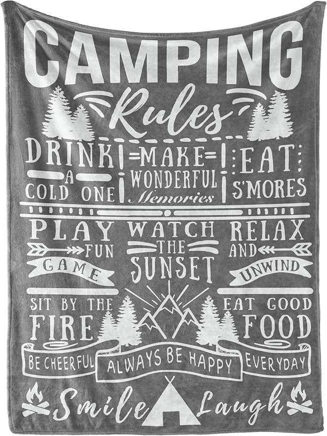 Camping Gifts for Women Men Lovers Throw Blanket, Happy Campers Decor Outdoor, RV Campsite Travel Hiking - Rules 01, 50" x 65"
