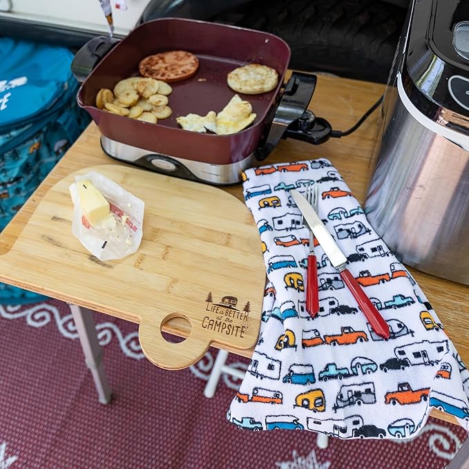 Camco Life is Better at The Campsite Camper/RV Dish Towel Set - Features a Camping/RV Themed Towel & a Navy Blue with White Logo Towel - Designed with 100% Cotton - 2-Pack (53301)