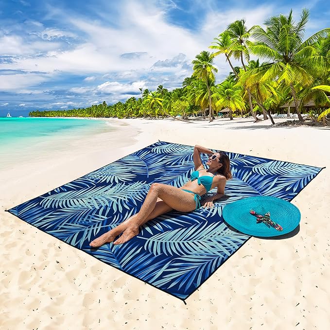 WIWIGO Beach Blanket Waterproof Sandproof Beach Mat 79" X 83"/10'x9'for 2-8 Adults Quick Drying Outdoor Picnic Mat Beach Accessories for Travel, Camping, Hiking