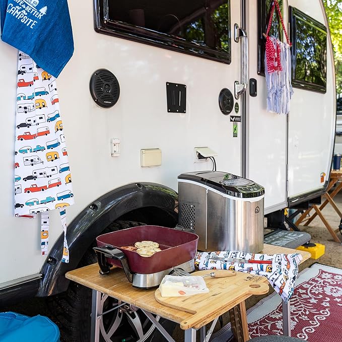 Camco Life is Better at The Campsite Camper/RV Dish Towel Set - Features a Camping/RV Themed Towel & a Navy Blue with White Logo Towel - Designed with 100% Cotton - 2-Pack (53301)
