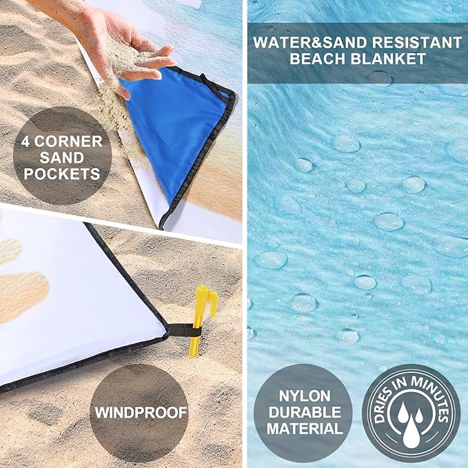 WIWIGO Beach Blanket Waterproof Sandproof Beach Mat 79" X 83"/10'x9'for 2-8 Adults Quick Drying Outdoor Picnic Mat Beach Accessories for Travel, Camping, Hiking