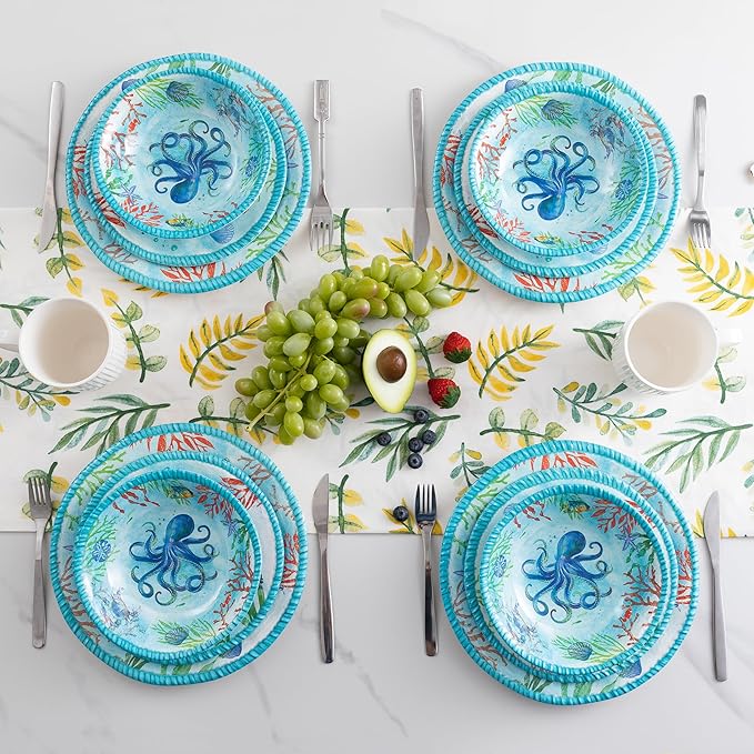 Coastal Dinnerware Sets, Ocean Theme Unbreakable Kitchen Plates and Bowls Set, Coastal Dishes Lightweight Dinnerware Set, RV and Camping dishes set for 4, Dishwasher Safe