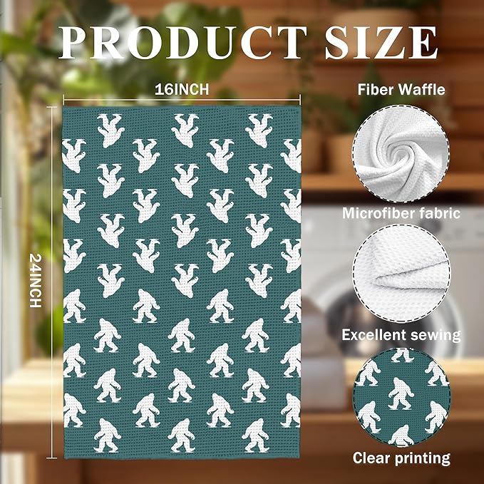 Abstract Retro Sasquatch Kitchen Towels, Sasquatch Gifts Dish Tea Towels for Kitchen Decor, Gifts for Hiking Camping Lovers Hand Towel for Bathroom Decor, 16x24 Inch, (Teal and White)