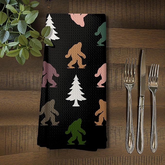 Abstract Retro Sasquatch Pine Tree Kitchen Towels, Sasquatch Gifts Dish Tea Towels for Kitchen Decor, Gifts for Hiking Camping Lovers Hand Towel for Bathroom Decor, 16x24 Inch,C161