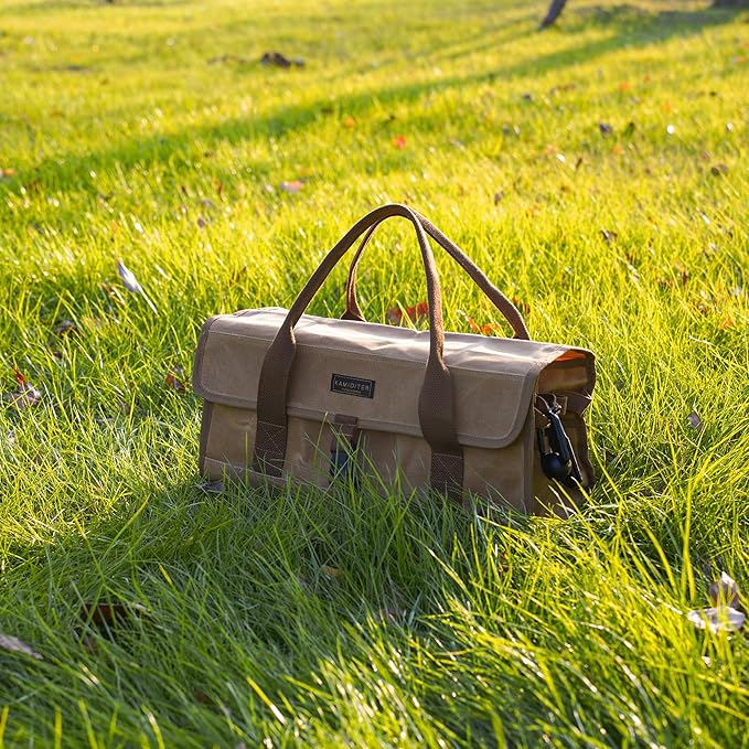 Waxed Canvas Camping Tool Bag, Camping Essentials Multi-purpose 12L Outdoor Storage Bag with Secure Flip Cover, Tent Stakes Hammer Multi-Container Organizer, Khaki