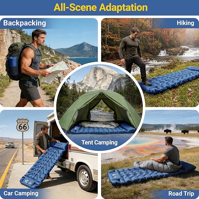 Sleeping Pad, Backpacking Camping Pad with Built-in Pillow and Foot Pump, 4in Thick Compact Camping mat for Hiking Tent Road Trip Car Camp Travel Gear