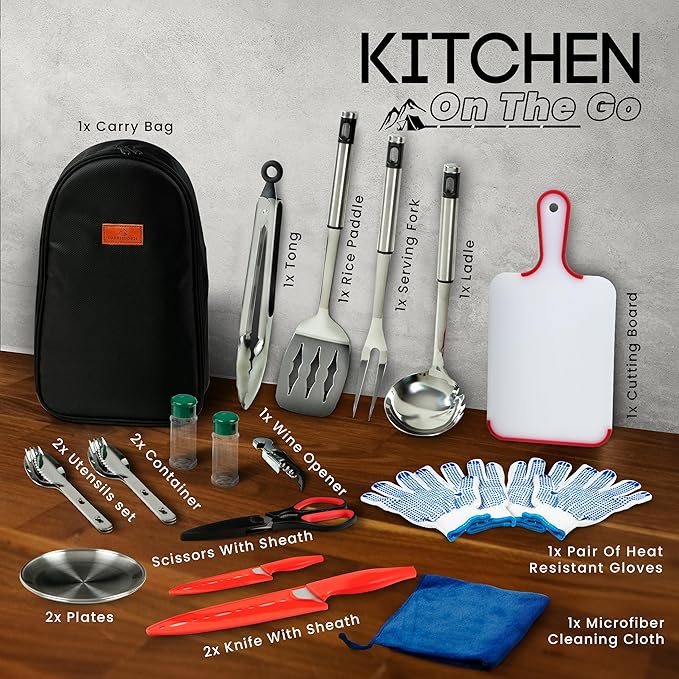 Fortitude21 Camping Gear, Cooking Set, 21pcs Accessories Cooking, Kitchen Camp & Organizer, Utensil Equipment, Tools Stuff Black