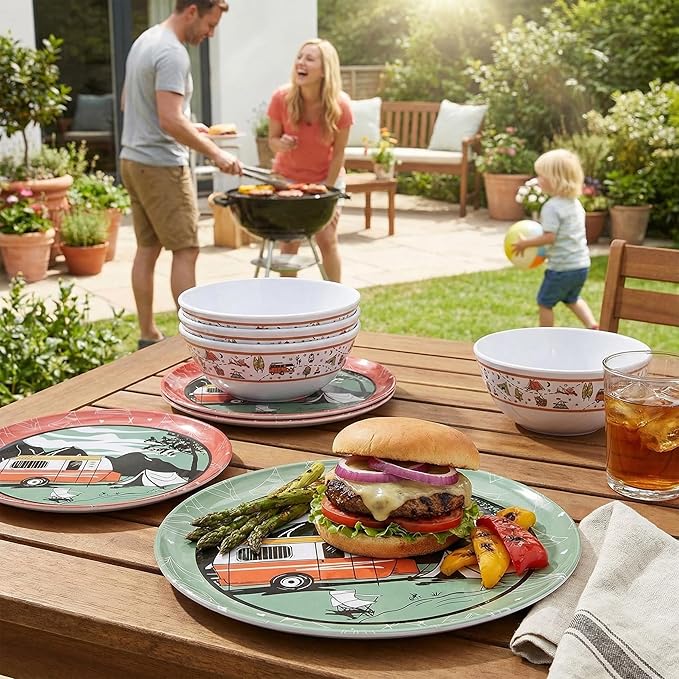 12-Piece Melamine Dinnerware Set,Unbreakable Camping Plates and Bowls Set of 4, Lightweight Outdoor Dishes with Camper Van & Tent Design for RV, Picnic, Backpacking, and Patio,Dishwasher Safe