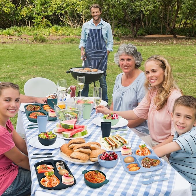 Unbreakable Dinnerware Sets for 4 People,24pcs Divided Plates and Bowls, Reusable Dinnerware Plastic Plates, Cups, Bowls, Cutlery Set for School Party, Camping, Home, Office