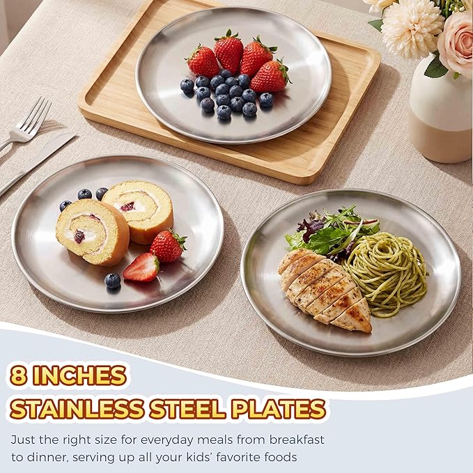 Homikit 6 Pack Stainless Steel Plates, 8 Inch Metal Kids Toddler Dinner Plate Set Non Toxic, 304 Round Camping Plates for Serving Dishes Dessert Salad, Unbreakable & Reusable, Dishwasher Safe