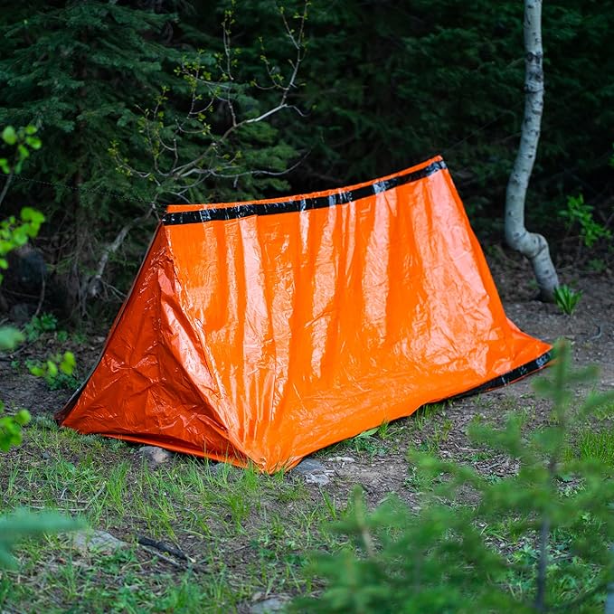 SURVIVE Survival Tent with Doors, 2 Person Mylar Emergency Camping Hiking Shelter for Survival Kits, All Weather Thermal Protection, Includes 22 ft of Paracord and Whistle