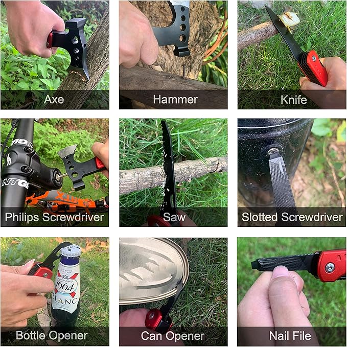RoverTac 11-in-1 Multitool Axe Hatchet – Camping Gear with Knife, Hammer, Saw, Bottle Opener, Screwdrivers – Survival Tool with Nylon Sheath – Perfect Gifts for Men, Camping, Hiking, and Survival.