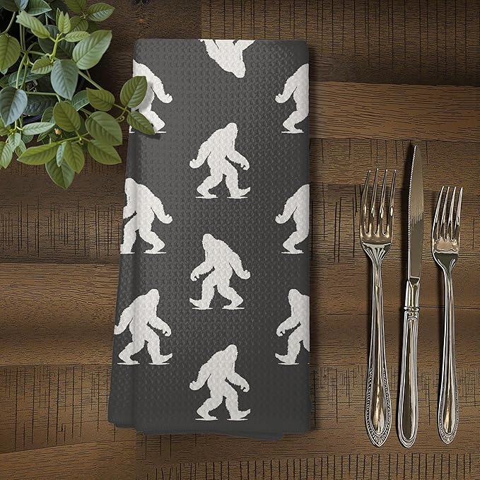 Abstract Retro Sasquatch Kitchen Towels, Sasquatch Gifts Dish Tea Towels for Kitchen Decor, Gifts for Hiking Camping Lovers Hand Towel for Bathroom Decor, 16x24 Inch, (Charcoal Gray and White)