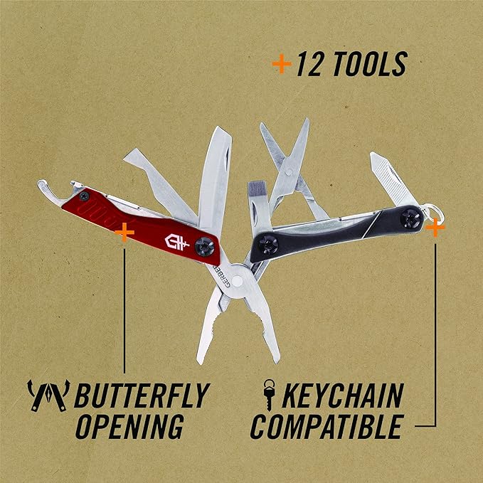 Gerber Gear Dime 12-in-1 Mini EDC Multitool - Needle Nose Pliers, Pocket Knife, Keychain, Bottle Opener - EDC Gear and Equipment, Gifts for Men - Red (Pack of 12)