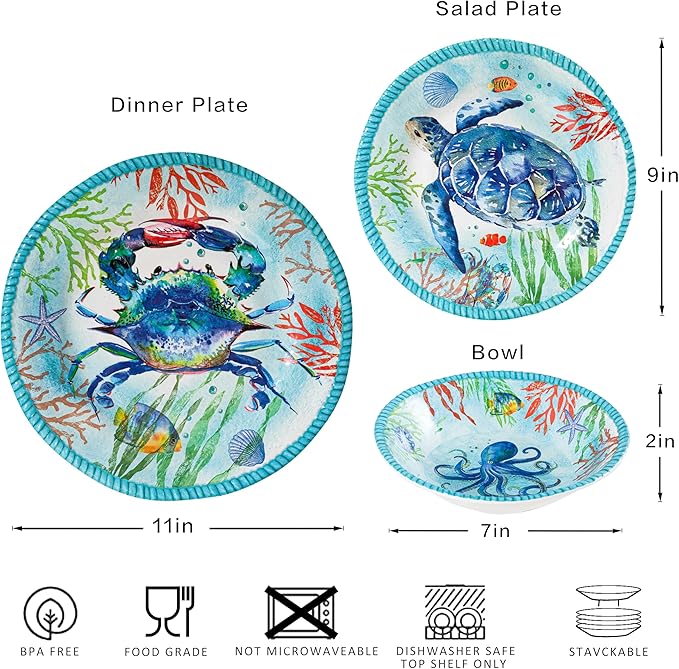 Coastal Dinnerware Sets, Ocean Theme Unbreakable Kitchen Plates and Bowls Set, Coastal Dishes Lightweight Dinnerware Set, RV and Camping dishes set for 4, Dishwasher Safe