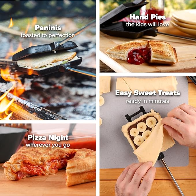 Coghlan's Cast Iron Camp Cooker - Pre-Seasoned Pie Iron Sandwich Maker with Heat-Resistant, Removable Handles, Easy-to-Clean for Toasted Pies, Grilled Sandwiches, and Meats, For Campfire Cooking