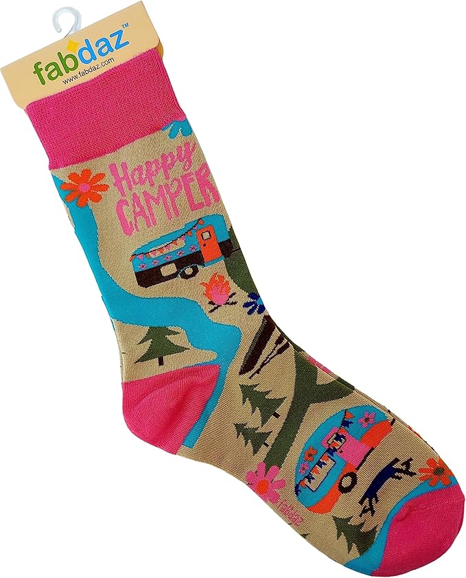 Fabdaz Happy Camper Camping Themed Women's Novelty Crew Socks - 1 Pair - 1 Size Fits Most
