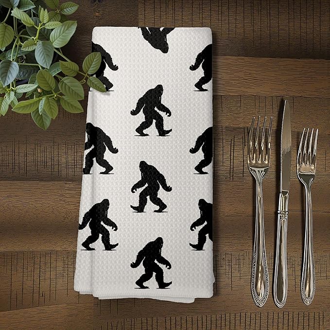 Abstract Retro Sasquatch Kitchen Towels, Sasquatch Gifts Dish Tea Towels for Kitchen Decor, Gifts for Hiking Camping Lovers Hand Towel for Bathroom Decor, 16x24 Inch, (White)