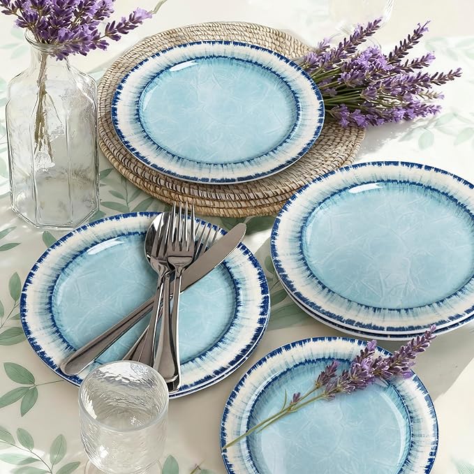 AELS Melamine Dessert Plates Set of 6, 8.5 inch Small Dinner Plates for Indoor and Outdoor Use, Dishwasher Safe, Lightweight Unbreakable, BPA Free, Light Blue