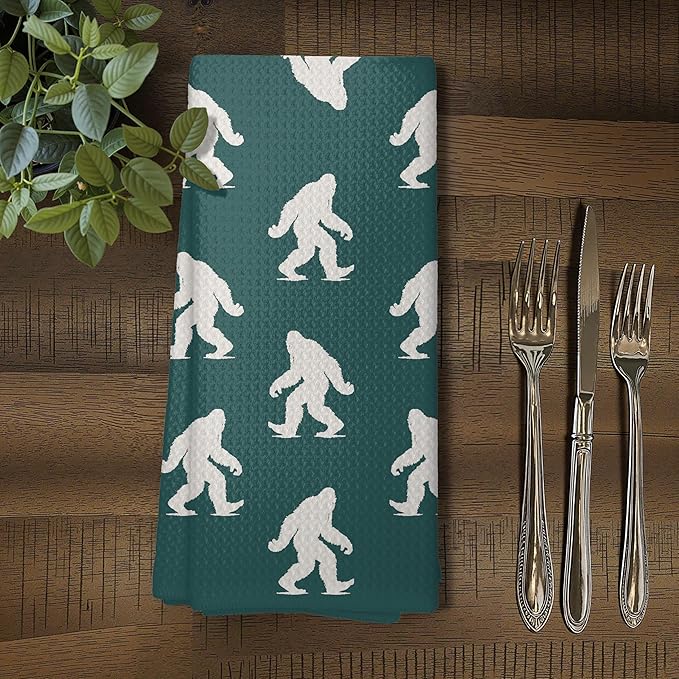 Abstract Retro Sasquatch Kitchen Towels, Sasquatch Gifts Dish Tea Towels for Kitchen Decor, Gifts for Hiking Camping Lovers Hand Towel for Bathroom Decor, 16x24 Inch, (Teal and White)