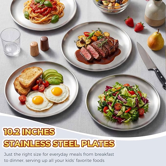 Homikit 6 Pack Stainless Steel Plate Set, 10.2 Inch Metal Kids Dinner Plates for Children Adult, Round Camping Plates for Serving Dishes Dessert Salad, Non Toxic & Reusable, Dishwasher Safe