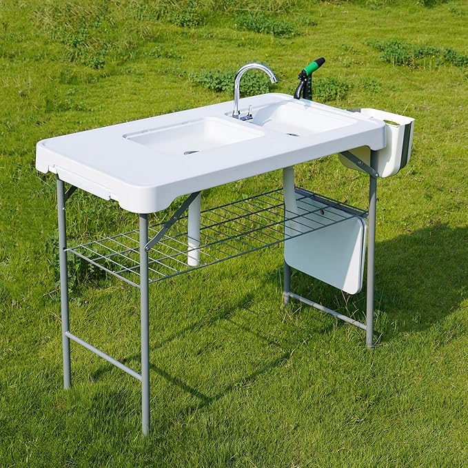 Allpop Fish Cleaning Table with 2 Sinks, 42.5'' Portable Folding Camping Fish Station with Foldable Faucet, Drainage Hose, Sprayer, Grid Rack, Storage Box, Drawer & Grooves for Picnic, White