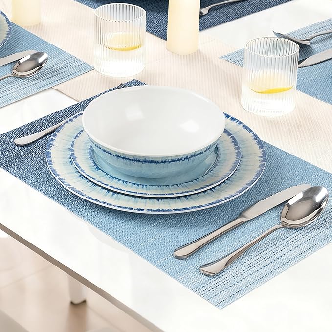 AELS Melamine Dinnerware Set of 12 Pcs Dinner Dishes Set with 4 Placemats for Indoor and Outdoor Use, Dishwasher Safe, Lightweight Unbreakable, BPA Free, Light Blue