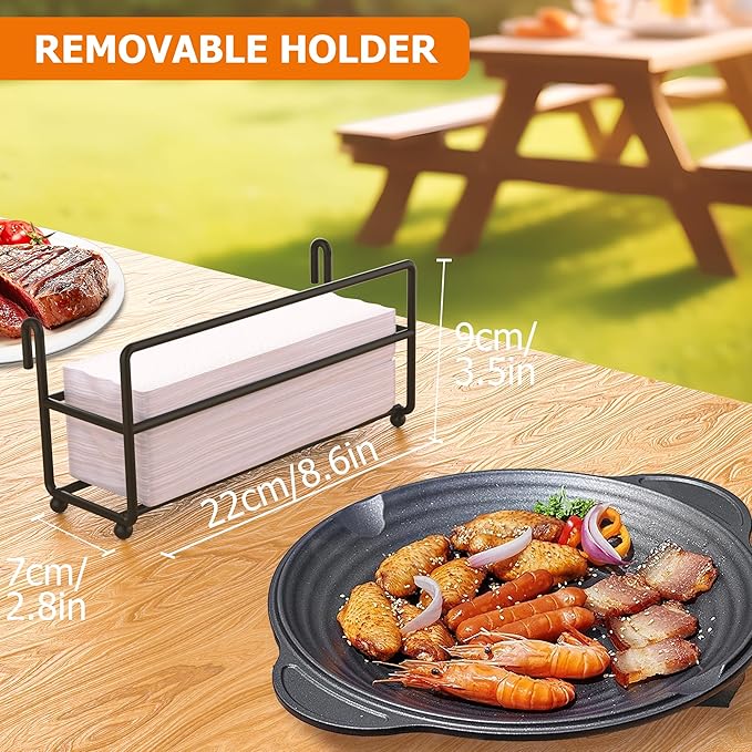 Toncoke Large Grill Caddy with Paper Towel Holder & Side Hooks, All-in-One BBQ Tool Organizer with Adjustable Dividers, Rustproof for Outdoor Kitchen, Camping, RV - Black