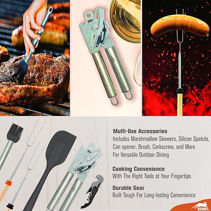 BOMKI Grilling and Camping Cooking Utensils Set for The Outdoors BBQ - Camping Utensil Set Kitchen Set Cookware Accessories Glamping Essentials Camp Stuff Camp Cooking Set (Green Pro)