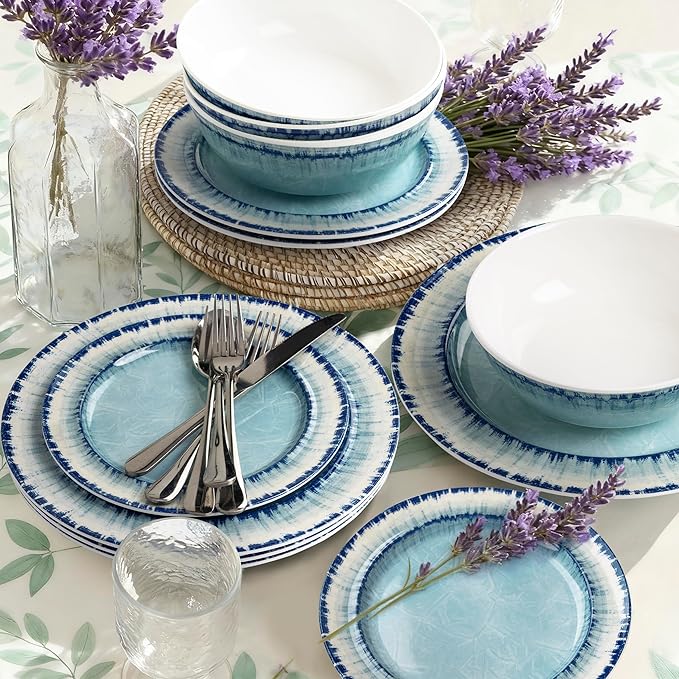 AELS Melamine Dinnerware Set of 12 Pcs Dinner Dishes Set for Indoor and Outdoor Use, Dishwasher Safe, Lightweight Unbreakable, BPA Free, Light Blue
