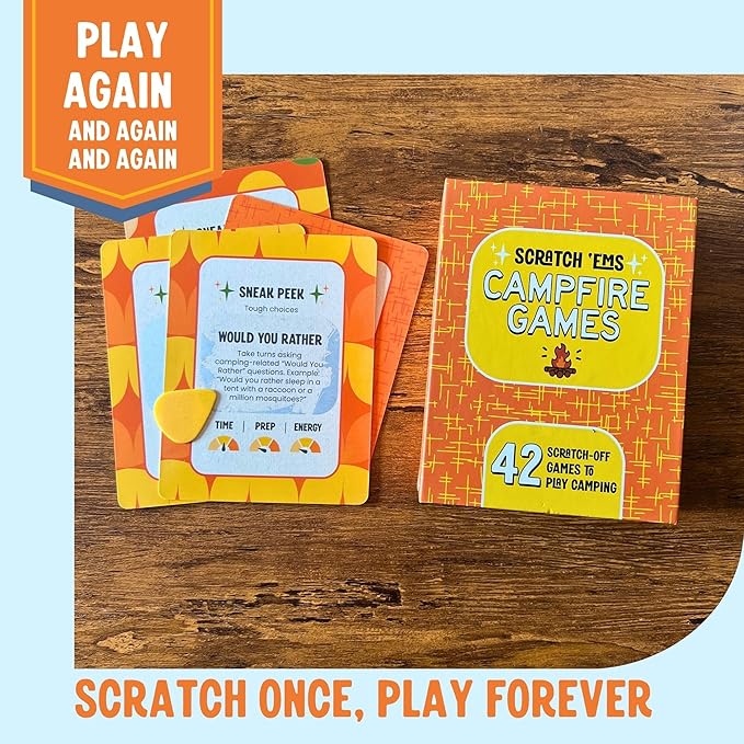 Scratch 'Ems Campfire Games | 42 Scratch Off Cards for Outdoor Summer Fun | Camping Card Games for Kids & Family | Screen-Free Entertainment, Perfect Camping Gifts for Kids & Family