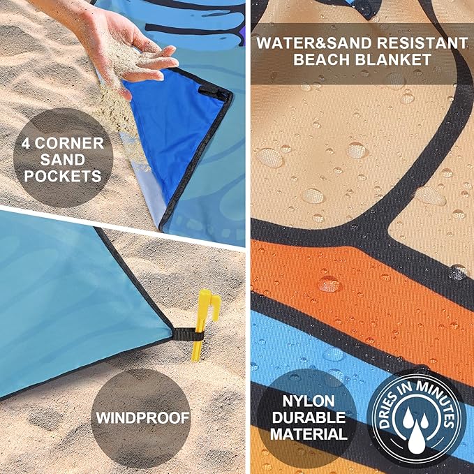 WIWIGO Beach Blanket Waterproof Sandproof Beach Mat 79" X 83"/10'x9'for 2-8 Adults Quick Drying Outdoor Picnic Mat Beach Accessories for Travel, Camping, Hiking
