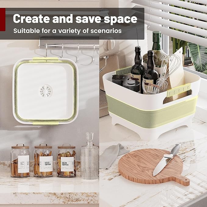 MontNorth 2.4 Gal Collapsbile Wash Basin with Drian Plug,9L Dish Pan for Soaking Baby Bottles,Portable Sink, Multiuse Foldable Bucket,Ice Beverage Tubs for Camping, Vegetable Washing, RV (Green)