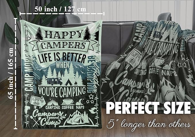 InnoBeta Camping Gifts for Women Men Lovers Throw Blanket, Happy Campers Decor Outdoor, RV Campsite Travel Hiking 50" x 65" - Happy Campers