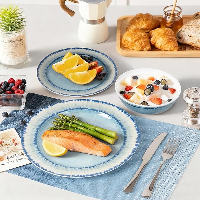 AELS Melamine Dinnerware Set of 12 Pcs Dinner Dishes Set with 4 Placemats for Indoor and Outdoor Use, Dishwasher Safe, Lightweight Unbreakable, BPA Free, Light Blue