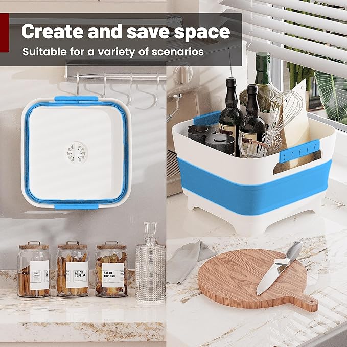 MontNorth 2.4 Gal Collapsbile Wash Basin with Drian Plug,9L Dish Pan for Soaking Baby Bottles,Portable Sink, Multiuse Foldable Bucket,Ice Beverage Tubs for Camping, Vegetable Washing, RV (Blue)