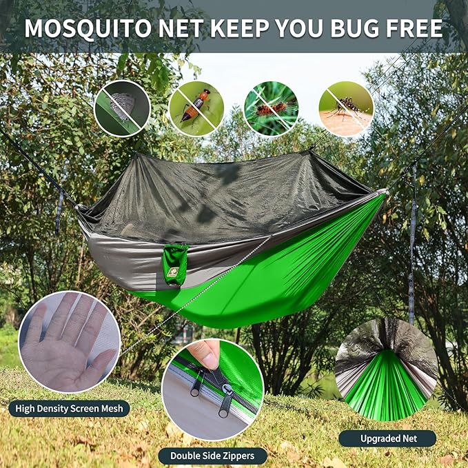 Qevooon Camping Hammock with Net,Portable Lightweight Double Hammocks with Tree Straps and Solid D-Shape Carabiners,Parachute Nylon Hammock for Backpacking Beach Backyard Patio Hiking Green&Grey