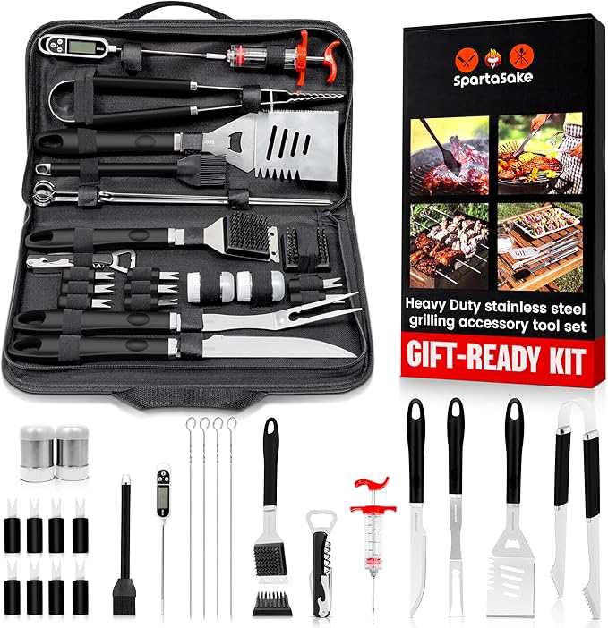 SpartaSake (24-Pack) Premium Stainless Steel BBQ Grilling Accessories with Black Handles - Barbecue Gill Accessories Set for Blackstone Griddle - Outdoor Camping Grill Set for BBQ for Dad Men Women