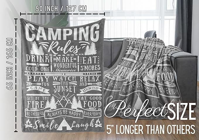 Camping Gifts for Women Men Lovers Throw Blanket, Happy Campers Decor Outdoor, RV Campsite Travel Hiking - Rules 01, 50" x 65"